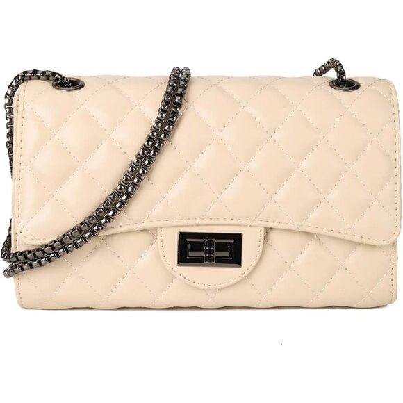Women Beige PU Quilted Stylish Crossbody Bags with Chain Strap & Flap Closure - Picture 1 of 6